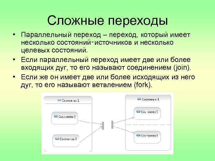 Сложные переходы • Параллельный переход – переход, который имеет несколько состояний‑источников и несколько целевых