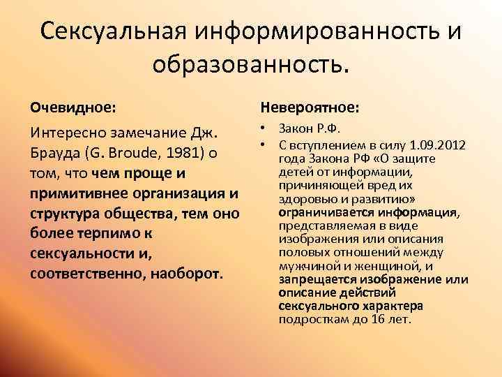 Сексуальная информированность и образованность. Очевидное: Невероятное: • Закон Р. Ф. Интересно замечание Дж. •