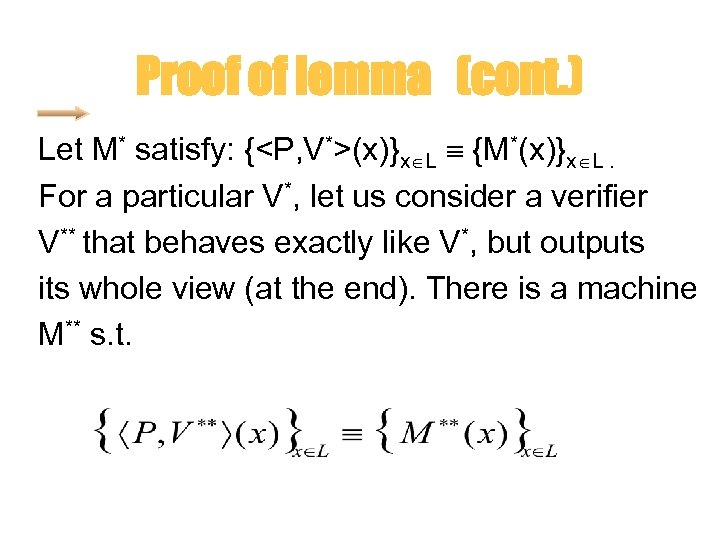 Proof of lemma (cont. ) Let M* satisfy: {<P, V*>(x)}x L {M*(x)}x L. For