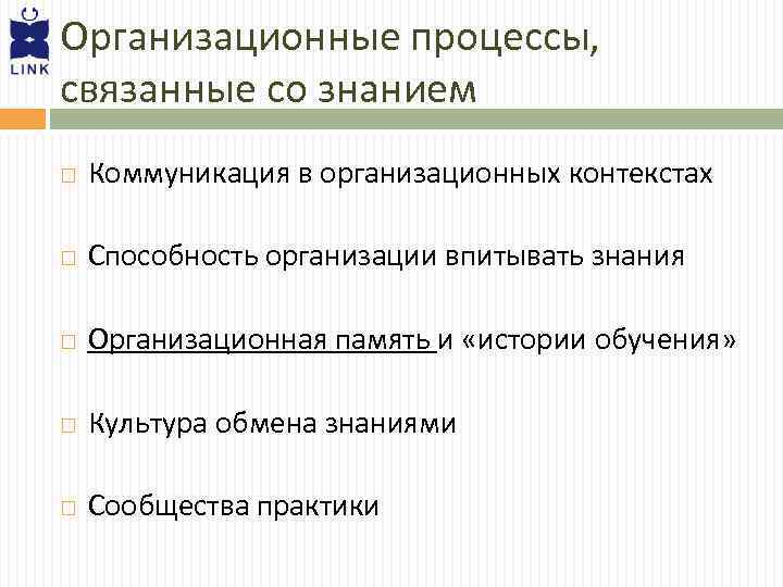 Организационные процессы, связанные со знанием Коммуникация в организационных контекстах Способность организации впитывать знания Организационная