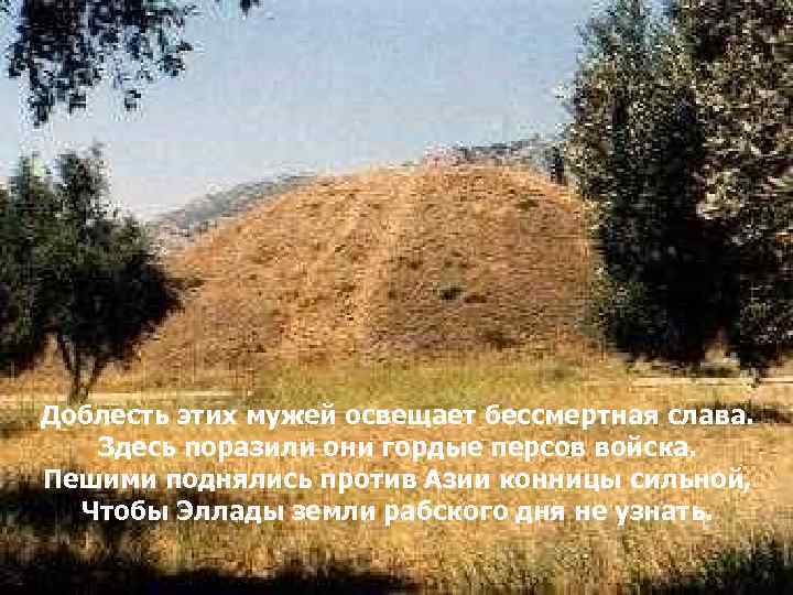 Доблесть этих мужей освещает бессмертная слава. Здесь поразили они гордые персов войска. Пешими поднялись