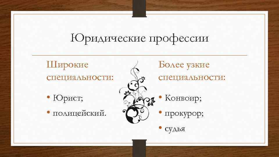 Юридические профессии Широкие специальности: Более узкие специальности: • Юрист; • полицейский. • Конвоир; •