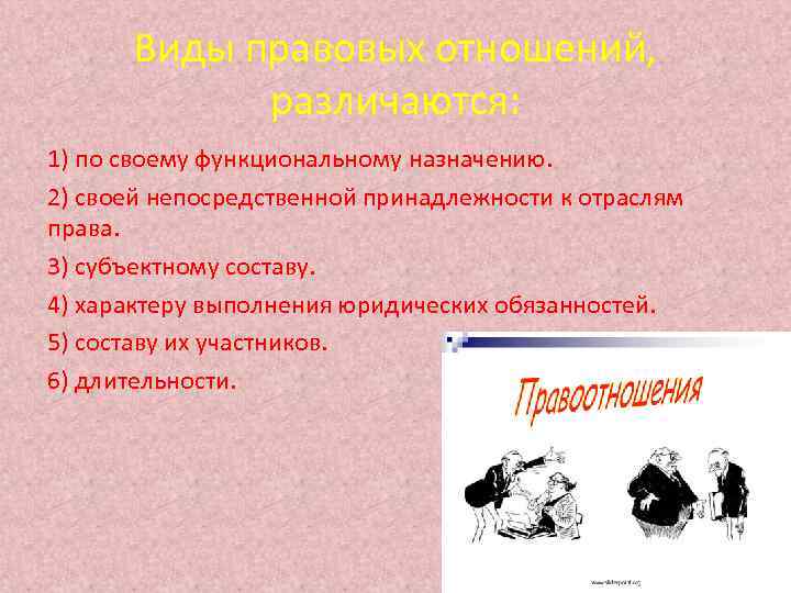 Виды правовых отношений, различаются: 1) по своему функциональному назначению. 2) своей непосредственной принадлежности к