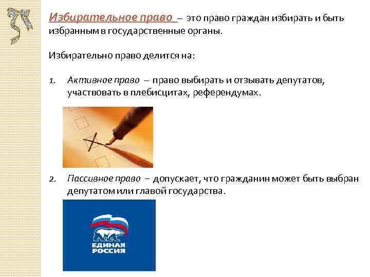 Избирательное право – это право граждан избирать и быть избранным в государственные органы. Избирательно