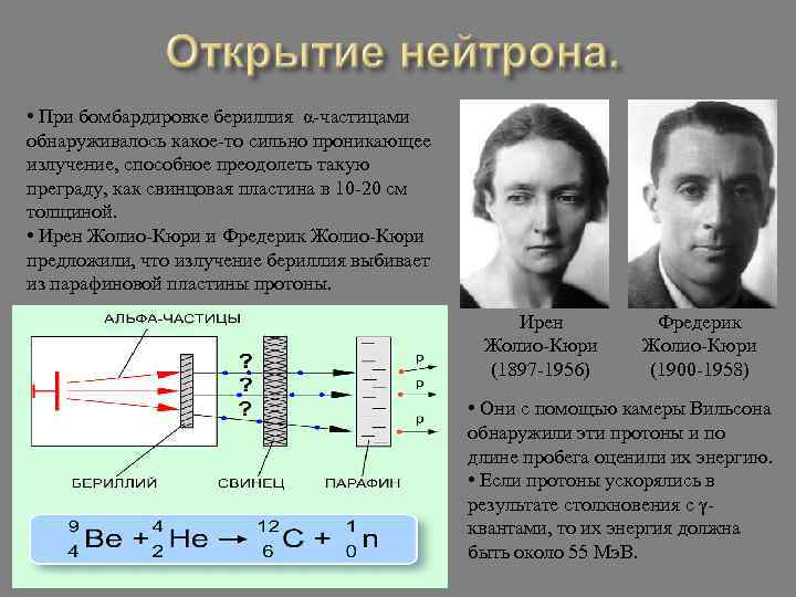  • При бомбардировке бериллия α-частицами обнаруживалось какое-то сильно проникающее излучение, способное преодолеть такую