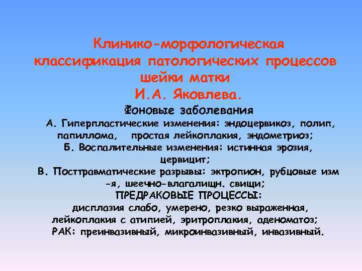 Клинико-морфологическая классификация патологических процессов шейки матки И. А. Яковлева. Фоновые заболевания А. Гиперпластические изменения: