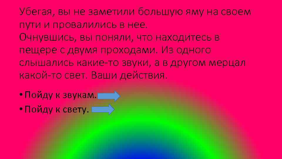 Убегая, вы не заметили большую яму на своем пути и провалились в нее. Очнувшись,