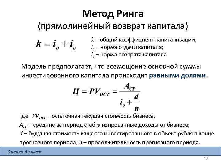 Метод Ринга (прямолинейный возврат капитала) k – общий коэффициент капитализации; iо – норма отдачи