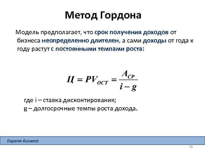 Метод Гордона Модель предполагает, что срок получения доходов от бизнеса неопределенно длителен, а сами