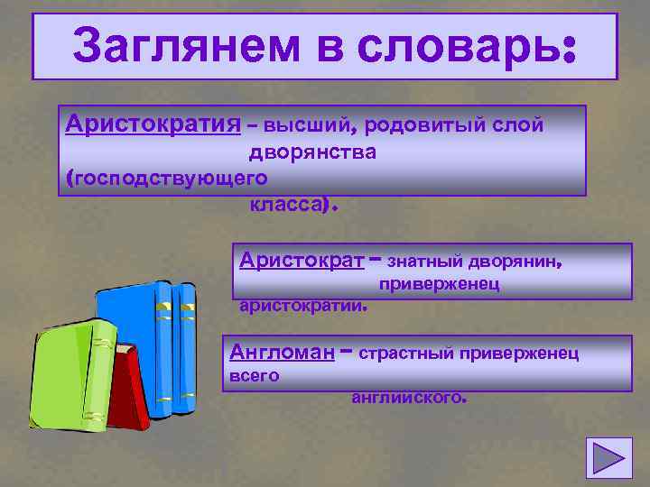 Заглянем в словарь: Аристократия – высший, родовитый слой дворянства (господствующего класса). Аристократ – знатный