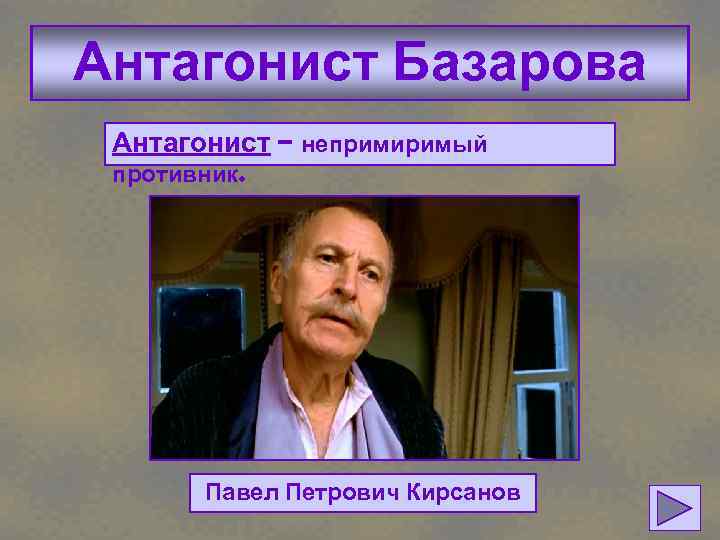 Антагонист Базарова Антагонист – непримиримый противник. Павел Петрович Кирсанов 