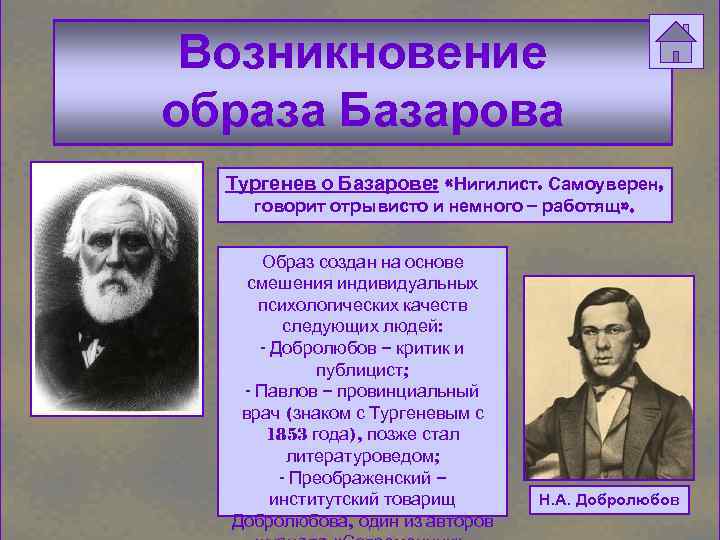 Возникновение образа Базарова Тургенев о Базарове: «Нигилист. Самоуверен, говорит отрывисто и немного – работящ»