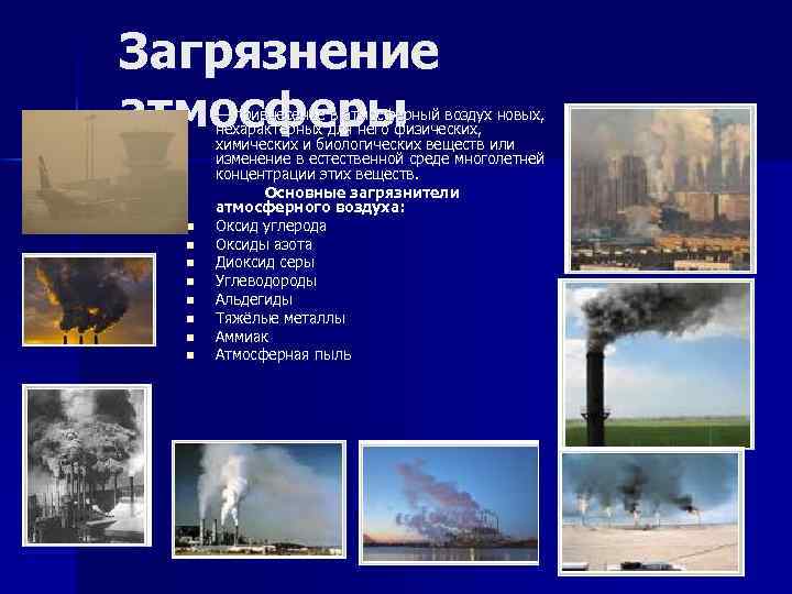 Загрязнение атмосферы n n n n — привнесение в атмосферный воздух новых, нехарактерных для