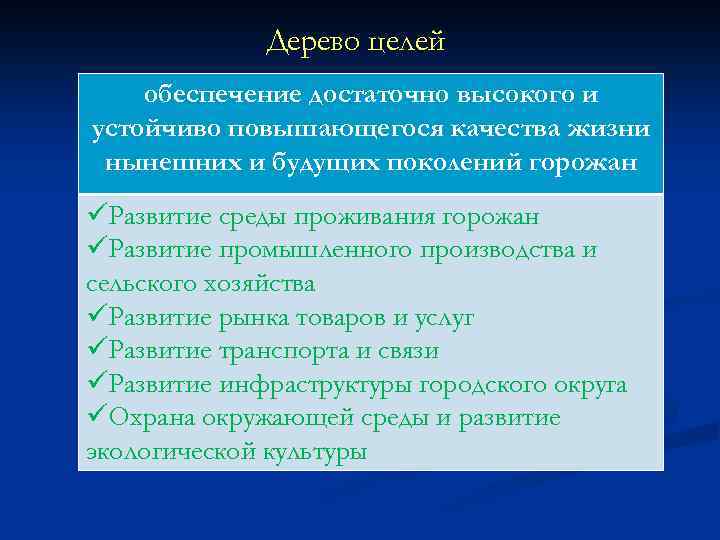 Дерево целей обеспечение достаточно высокого и устойчиво повышающегося качества жизни нынешних и будущих поколений