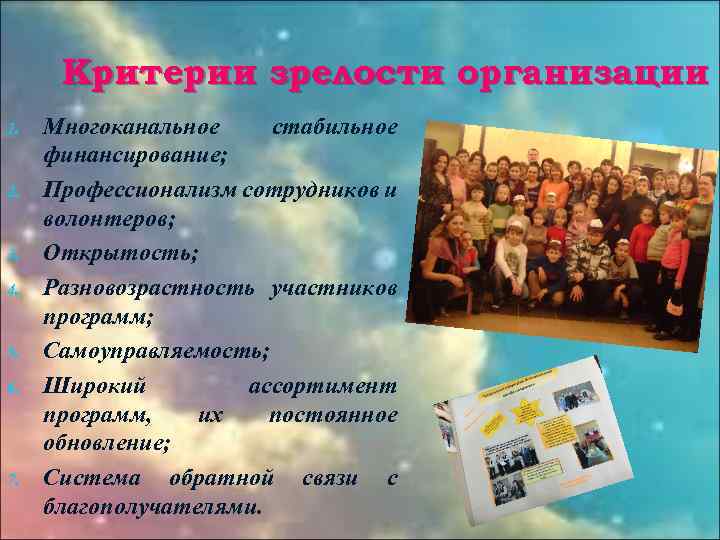 Критерии зрелости организации 1. 2. 3. 4. 5. 6. 7. Многоканальное стабильное финансирование; Профессионализм