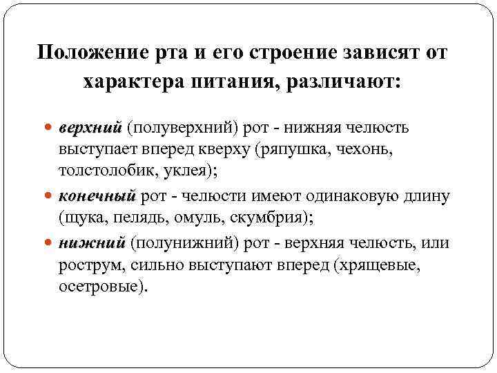 Положение рта и его строение зависят от характера питания, различают: верхний (полуверхний) рот -