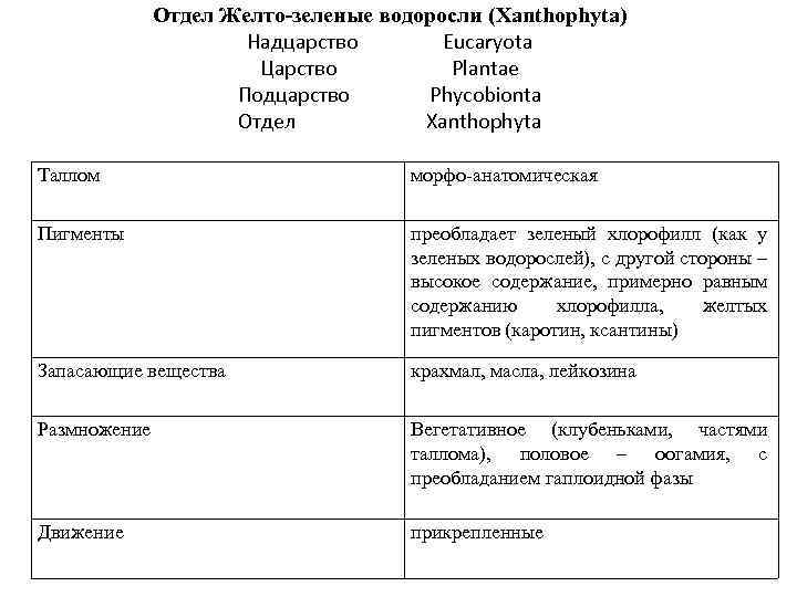 Отдел Желто-зеленые водоросли (Xanthophyta) Надцарство Eucaryota Царство Plantae Подцарство Phycobionta Отдел Xanthophyta Таллом морфо-анатомическая