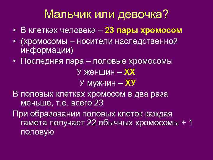 Мальчик или девочка? • В клетках человека – 23 пары хромосом • (хромосомы –