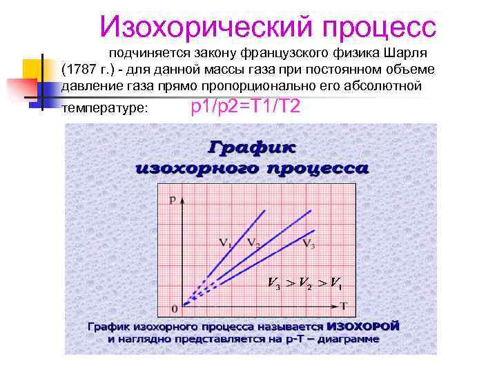 Изохорический процесс подчиняется закону французского физика Шарля (1787 г. ) - для данной массы