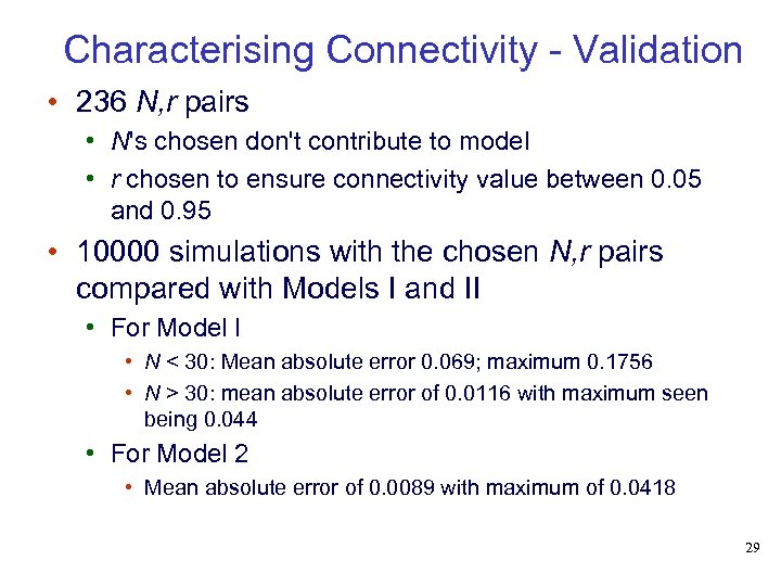 Characterising Connectivity - Validation • 236 N, r pairs • N's chosen don't contribute