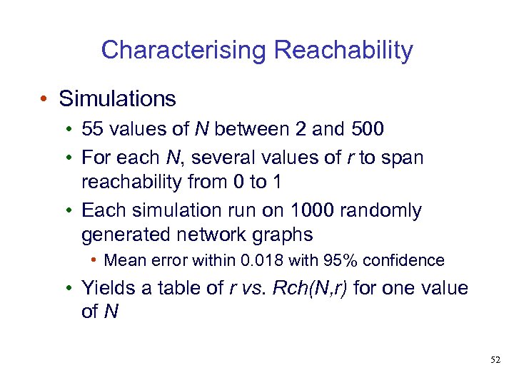 Characterising Reachability • Simulations • 55 values of N between 2 and 500 •