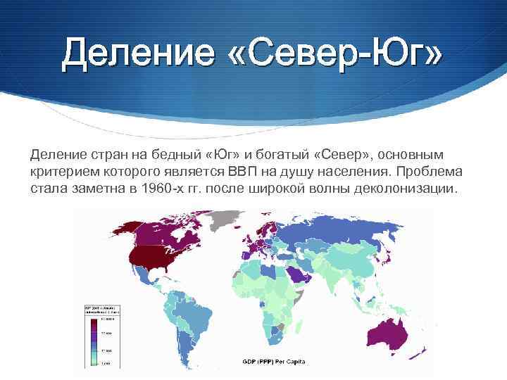 Деление «Север-Юг» Деление стран на бедный «Юг» и богатый «Север» , основным критерием которого