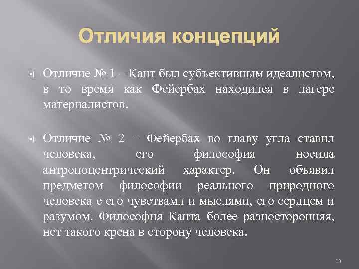 Отличия концепций Отличие № 1 – Кант был субъективным идеалистом, в то время как