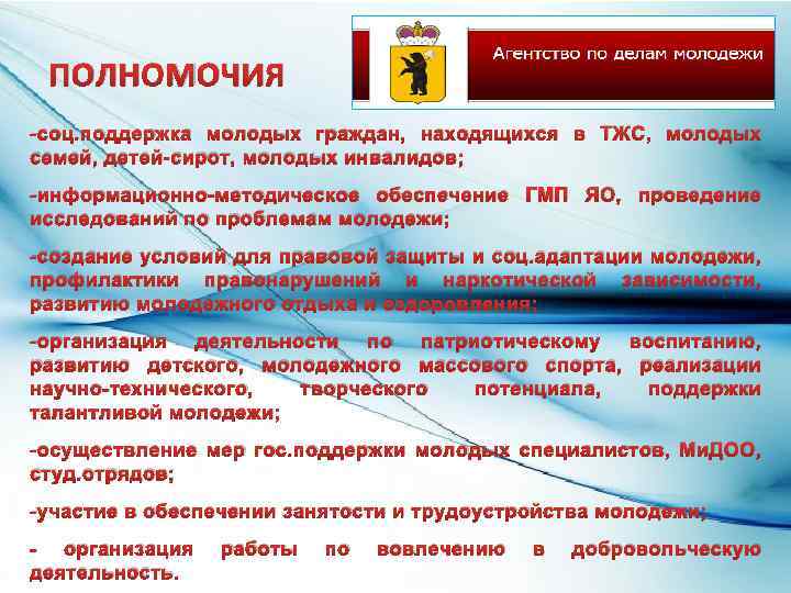 ПОЛНОМОЧИЯ -соц. поддержка молодых граждан, находящихся в ТЖС, молодых семей, детей-сирот, молодых инвалидов; -информационно-методическое