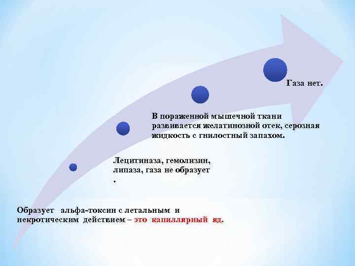 Газа нет. В пораженной мышечной ткани развивается желатинозной отек, серозная жидкость с гнилостный запахом.