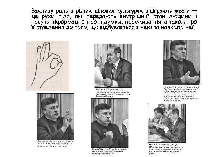 Важливу роль в різних ділових культурах відіграють жести — це рухи тіла, які передають