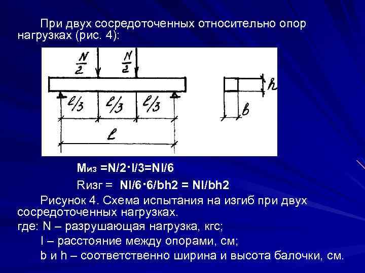 При двух сосредоточенных относительно опор нагрузках (рис. 4): Миз =N/2·l/3=Nl/6 Rизг = Nl/6· 6/bh
