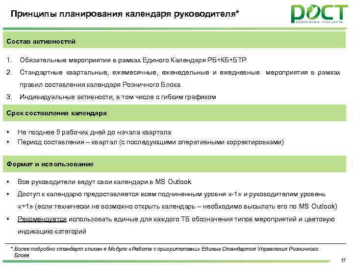 Принципы планирования календаря руководителя* Состав активностей 1. Обязательные мероприятия в рамках Единого Календаря РБ+КБ+БТР.