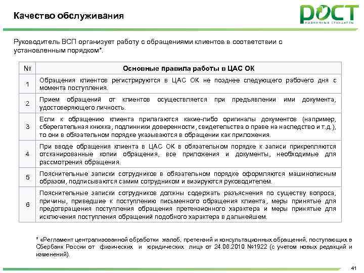 Качество обслуживания Руководитель ВСП организует работу с обращениями клиентов в соответствии с установленным порядком*.