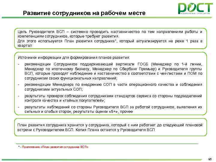 Развитие сотрудников на рабочем месте Цель Руководителя ВСП – системно проводить наставничество по тем