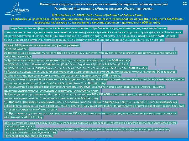 Подготовка предложений по совершенствованию воздушного законодательства Российской Федерации в области авиации общего назначения 22