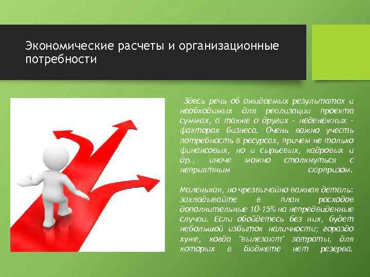 Экономические расчеты и организационные потребности Здесь речь об ожидаемых результатах и необходимых для реализации
