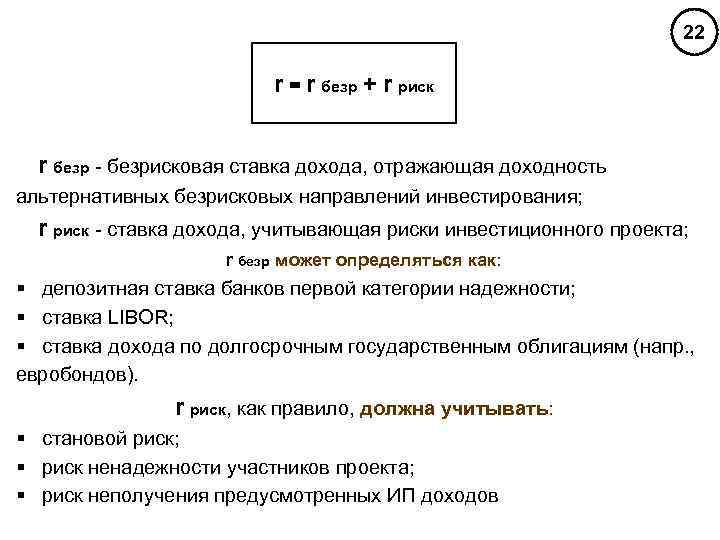 22 r = r безр + r риск r безр - безрисковая ставка дохода,