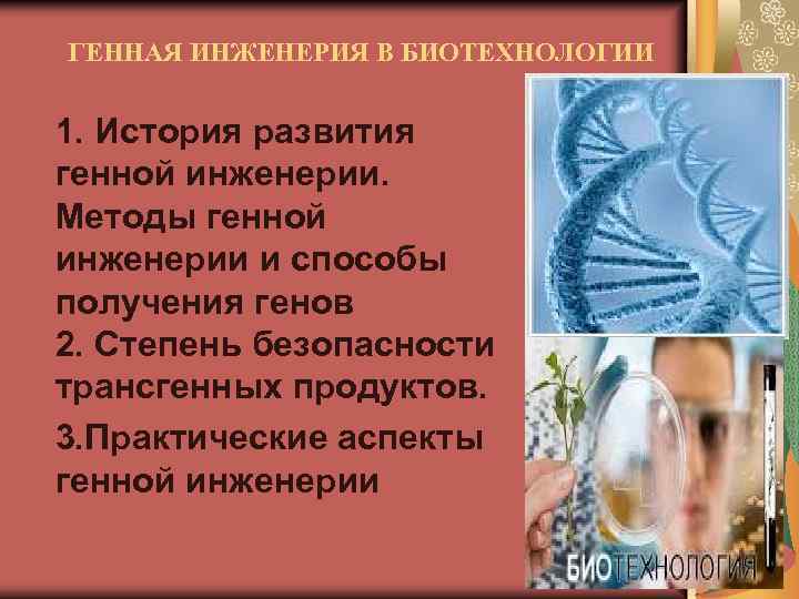 ГЕННАЯ ИНЖЕНЕРИЯ В БИОТЕХНОЛОГИИ 1. История развития генной инженерии. Методы генной инженерии и способы
