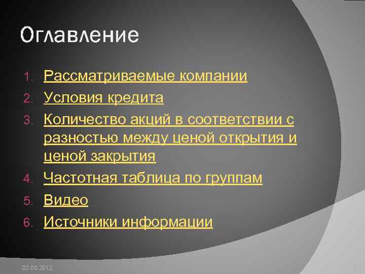 Оглавление 1. 2. 3. 4. 5. 6. Рассматриваемые компании Условия кредита Количество акций в