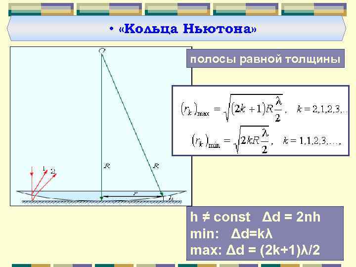  • «Кольца Ньютона» полосы равной толщины h ≠ const Δd = 2 nh