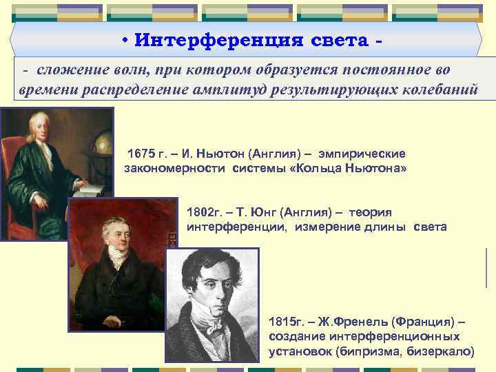  • Интерференция света - сложение волн, при котором образуется постоянное во времени распределение