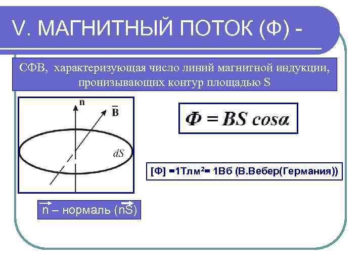 V. МАГНИТНЫЙ ПОТОК (Ф) СФВ, характеризующая число линий магнитной индукции, пронизывающих контур площадью S