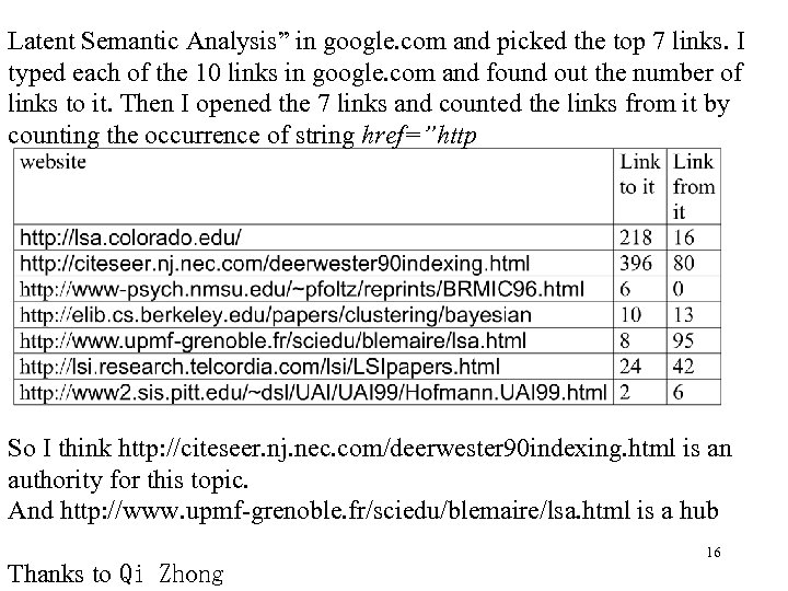 Latent Semantic Analysis” in google. com and picked the top 7 links. I typed