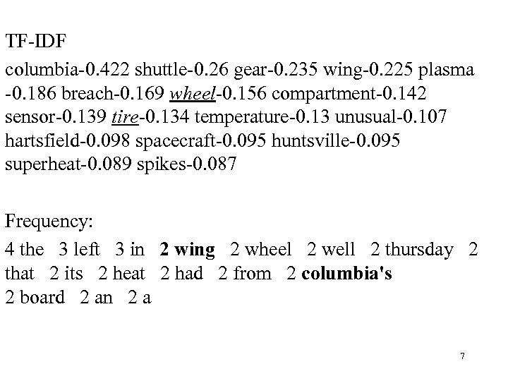 TF-IDF columbia-0. 422 shuttle-0. 26 gear-0. 235 wing-0. 225 plasma -0. 186 breach-0. 169