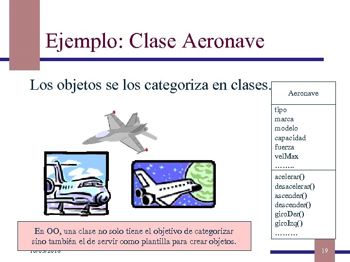 Ejemplo: Clase Aeronave Los objetos se los categoriza en clases. En OO, una clase