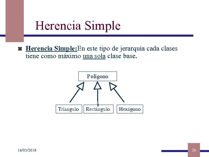 Herencia Simple: En este tipo de jerarquía cada clases tiene como máximo una sola
