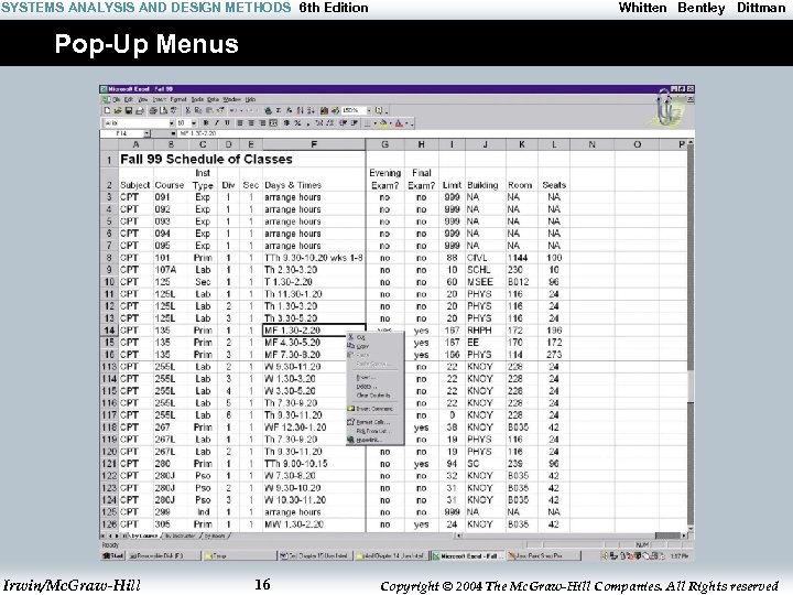 SYSTEMS ANALYSIS AND DESIGN METHODS 6 th Edition Whitten Bentley Dittman Pop-Up Menus Irwin/Mc.