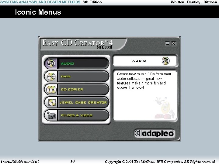SYSTEMS ANALYSIS AND DESIGN METHODS 6 th Edition Whitten Bentley Dittman Iconic Menus Irwin/Mc.