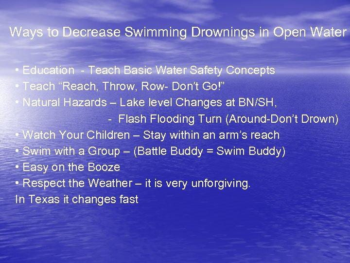 Ways to Decrease Swimming Drownings in Open Water • Education - Teach Basic Water