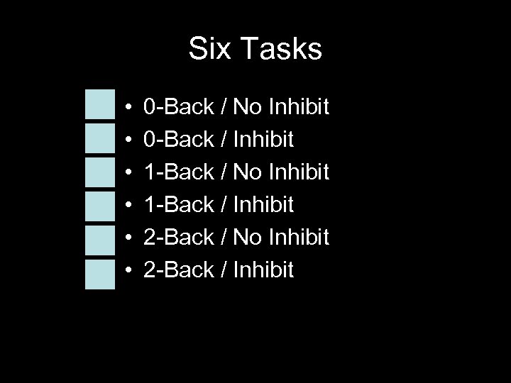 Six Tasks • • • 0 -Back / No Inhibit 0 -Back / Inhibit